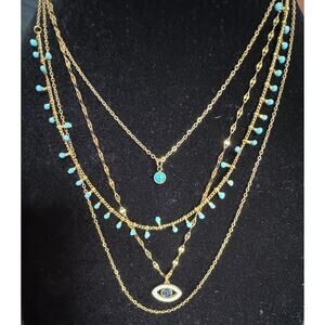 Gold Tone Layered 4-Chain Necklace Turquoise Charms & Evil Eye Pendant 22” N124